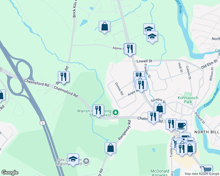 map of restaurants, bars, coffee shops, grocery stores, and more near 65 Forest Park Avenue in Billerica