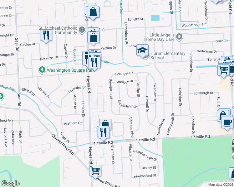 map of restaurants, bars, coffee shops, grocery stores, and more near 39669 Sunderland Drive in Macomb County