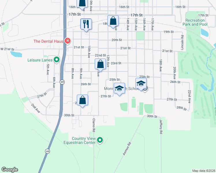 map of restaurants, bars, coffee shops, grocery stores, and more near 2606 12th Avenue in Monroe