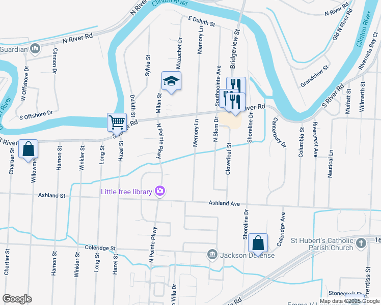 map of restaurants, bars, coffee shops, grocery stores, and more near 39335 Memory Lane in Macomb County
