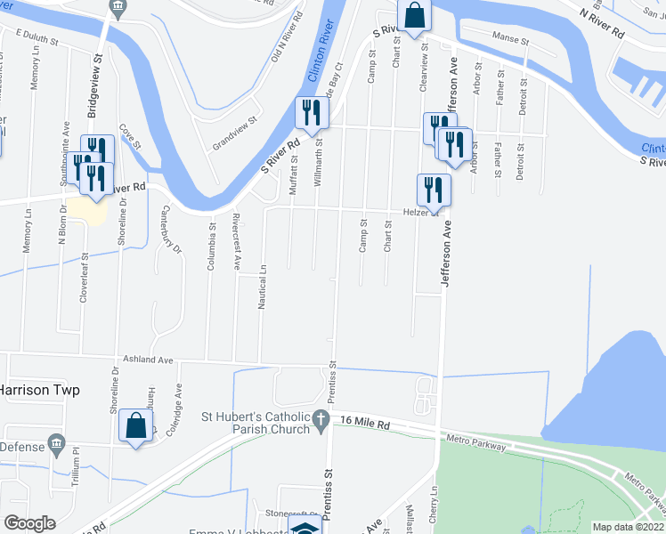 map of restaurants, bars, coffee shops, grocery stores, and more near 39211 Prentiss Street in Harrison Township