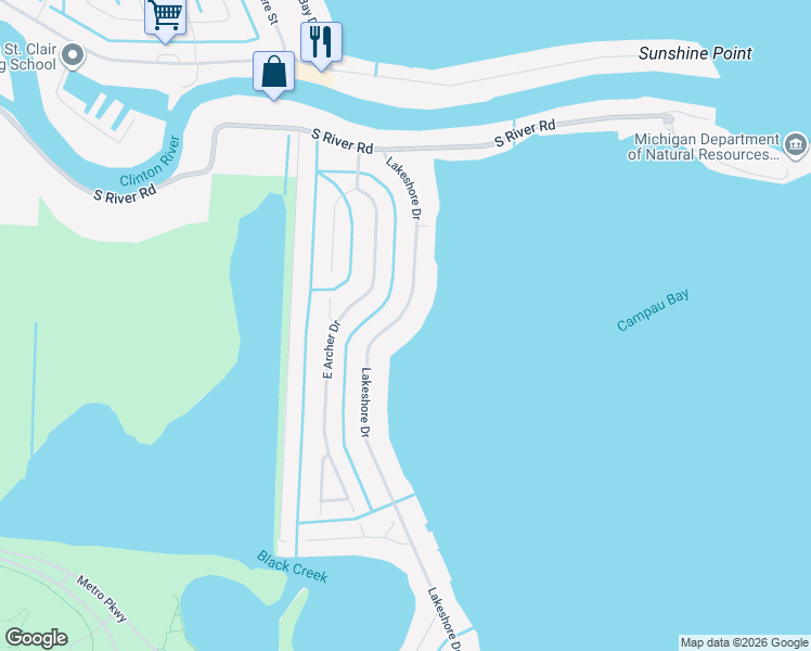 map of restaurants, bars, coffee shops, grocery stores, and more near 39196 Lakeshore Drive in Harrison Township