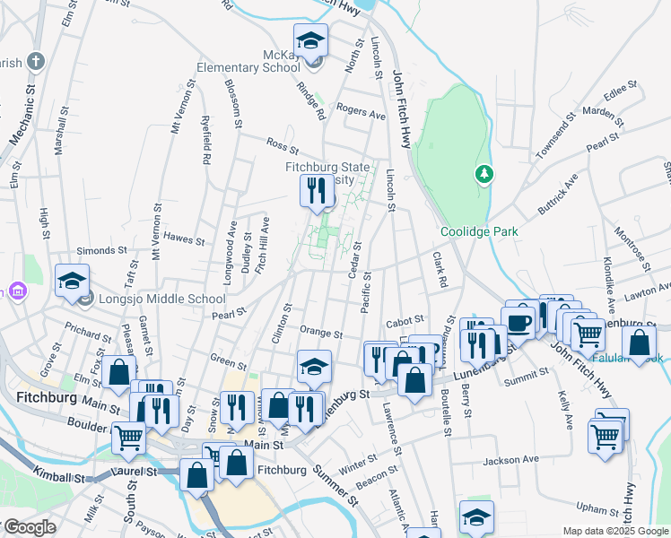 map of restaurants, bars, coffee shops, grocery stores, and more near 219 Highland Avenue in Fitchburg