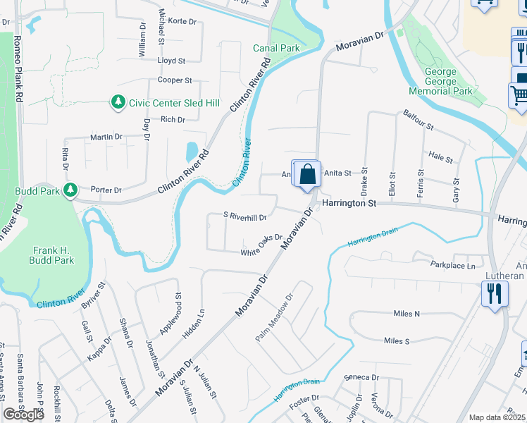 map of restaurants, bars, coffee shops, grocery stores, and more near 20125 South Riverhill Drive in Macomb County