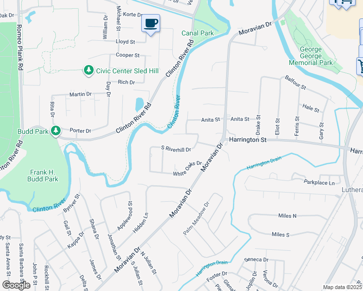 map of restaurants, bars, coffee shops, grocery stores, and more near 20125 South Riverhill Drive in Clinton Township