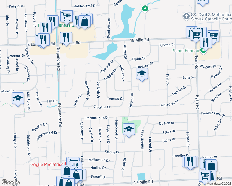 map of restaurants, bars, coffee shops, grocery stores, and more near 2622 Woodford Drive in Sterling Heights