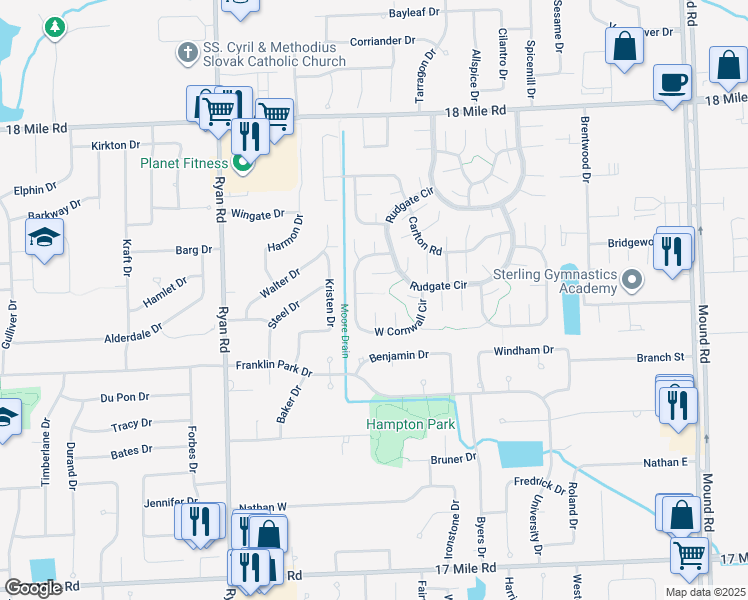 map of restaurants, bars, coffee shops, grocery stores, and more near 40026 Margate Court in Sterling Heights