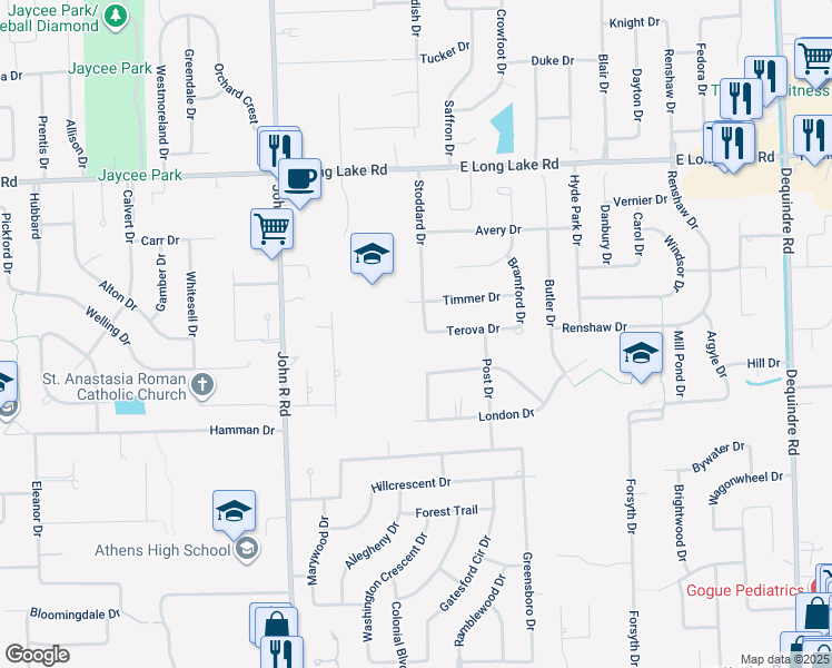 map of restaurants, bars, coffee shops, grocery stores, and more near 4689 Stoddard Drive in Troy