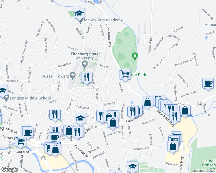 map of restaurants, bars, coffee shops, grocery stores, and more near 153 Lincoln Street in Fitchburg