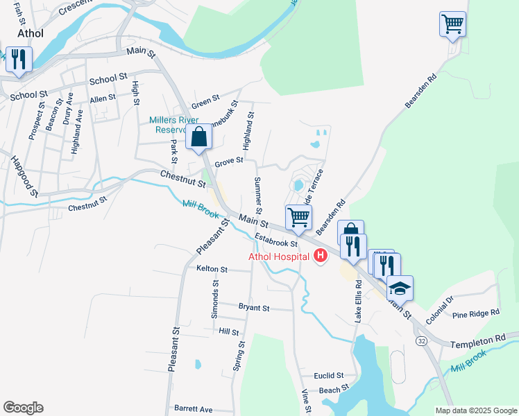 map of restaurants, bars, coffee shops, grocery stores, and more near 51 Summer Street in Athol