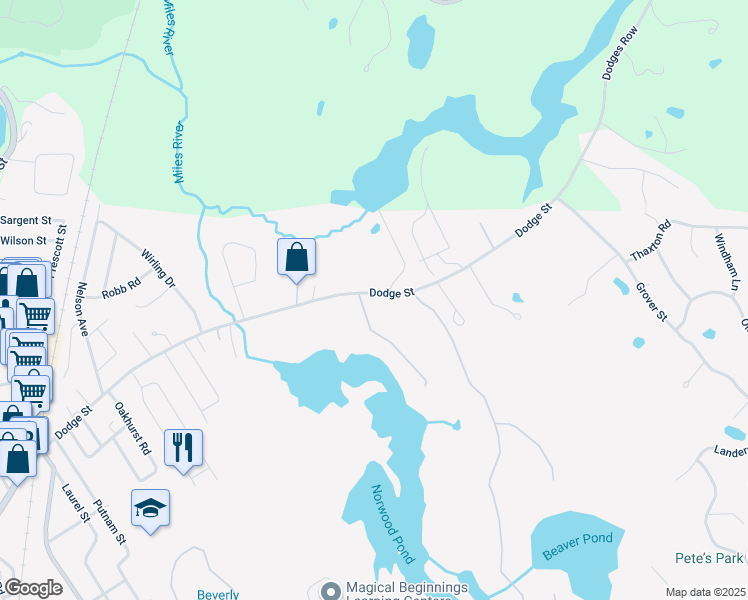 map of restaurants, bars, coffee shops, grocery stores, and more near 277 Dodge Street in Beverly