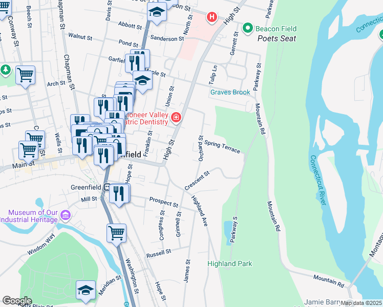 map of restaurants, bars, coffee shops, grocery stores, and more near 30 Orchard Street in Greenfield
