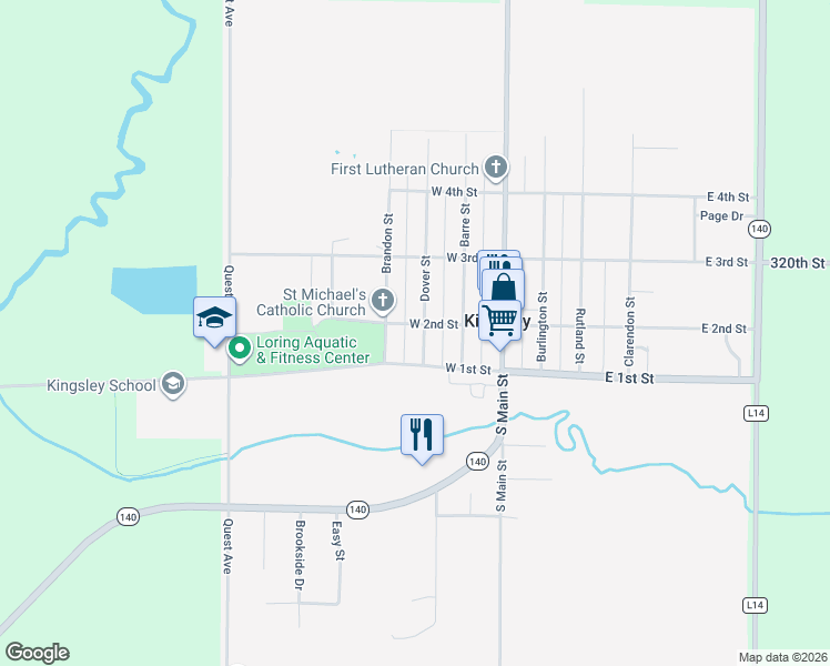 map of restaurants, bars, coffee shops, grocery stores, and more near 152-198 West 2nd Street in Kingsley