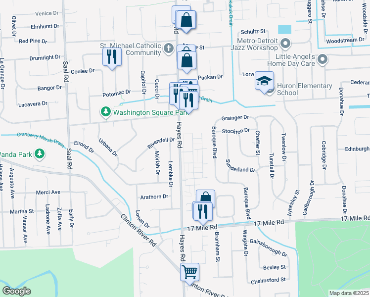 map of restaurants, bars, coffee shops, grocery stores, and more near 39527 Heatherheath Drive in Clinton Township