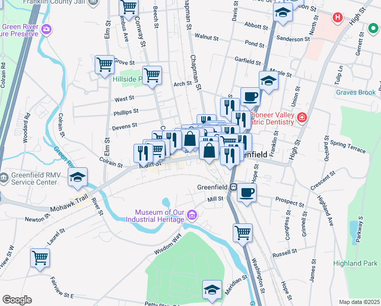 map of restaurants, bars, coffee shops, grocery stores, and more near 132 Main Street in Greenfield