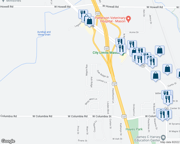 map of restaurants, bars, coffee shops, grocery stores, and more near 227 Ash Ridge in Mason