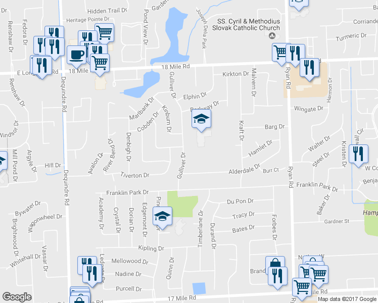 map of restaurants, bars, coffee shops, grocery stores, and more near 40234 Gulliver Drive in Sterling Heights