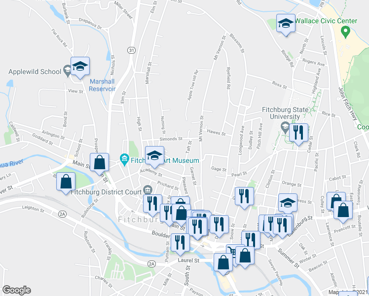 map of restaurants, bars, coffee shops, grocery stores, and more near 24 Taft Street in Fitchburg
