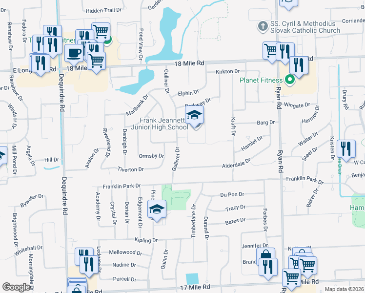 map of restaurants, bars, coffee shops, grocery stores, and more near 40234 Gulliver Drive in Sterling Heights