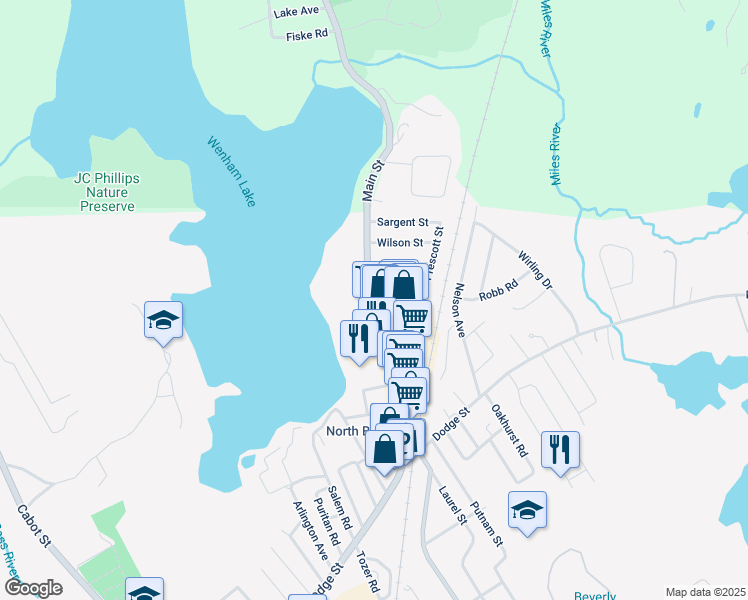 map of restaurants, bars, coffee shops, grocery stores, and more near 57 Enon Street in Beverly