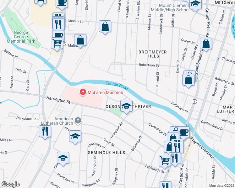 map of restaurants, bars, coffee shops, grocery stores, and more near 635 Wellington Crescent in Mount Clemens