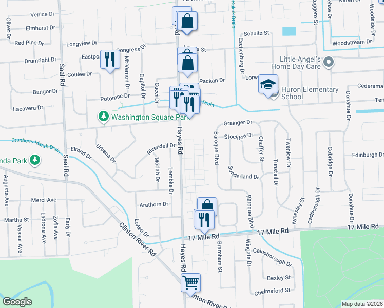 map of restaurants, bars, coffee shops, grocery stores, and more near 39527 Heatherheath Drive in Clinton Township