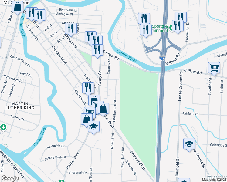 map of restaurants, bars, coffee shops, grocery stores, and more near 39277 Charbeneau Street in Clinton Township