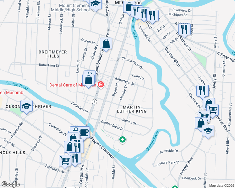 map of restaurants, bars, coffee shops, grocery stores, and more near 109 Beyne Street in Mount Clemens
