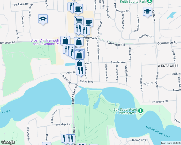 map of restaurants, bars, coffee shops, grocery stores, and more near 3286 Chambourne Street in Commerce Charter Township