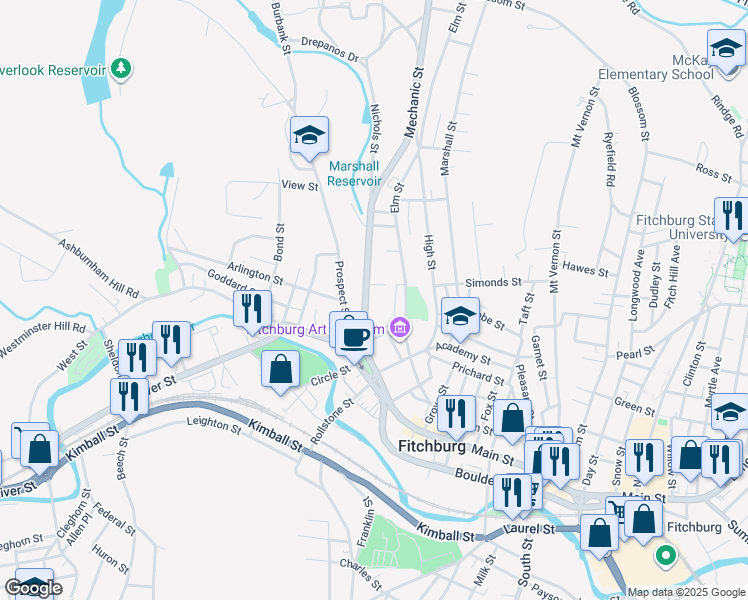 map of restaurants, bars, coffee shops, grocery stores, and more near 45 Mechanic Street in Fitchburg