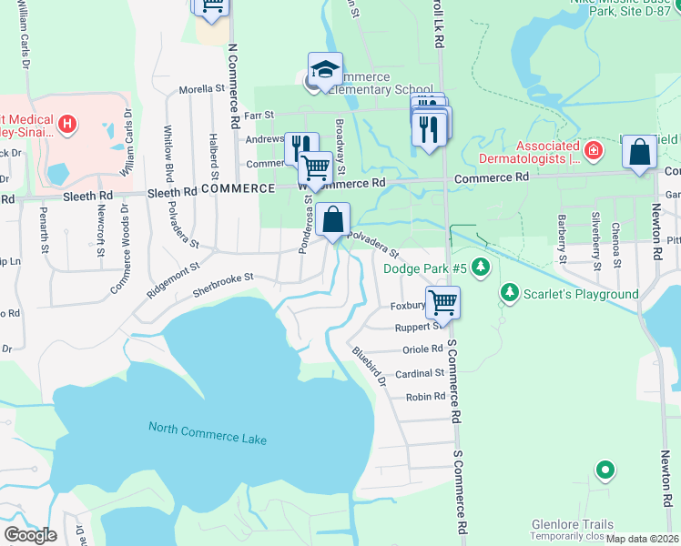 map of restaurants, bars, coffee shops, grocery stores, and more near 321 Creedmore Street in Commerce Charter Township
