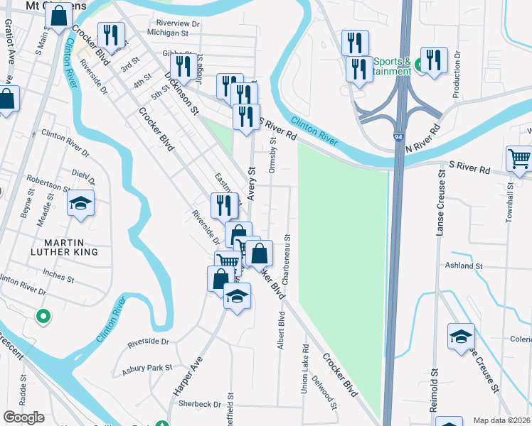 map of restaurants, bars, coffee shops, grocery stores, and more near 163 Avery Street in Clinton Township
