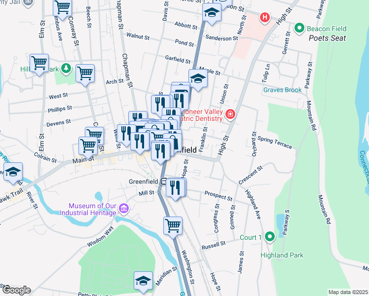 map of restaurants, bars, coffee shops, grocery stores, and more near 412 Main Street in Greenfield