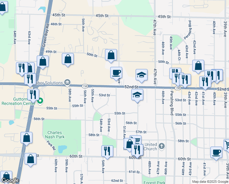 map of restaurants, bars, coffee shops, grocery stores, and more near 5218 52nd Avenue in Kenosha