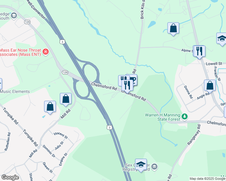 map of restaurants, bars, coffee shops, grocery stores, and more near 238 Chelmsford Road in Chelmsford