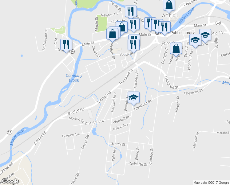 map of restaurants, bars, coffee shops, grocery stores, and more near 30 Harvard Avenue in Athol