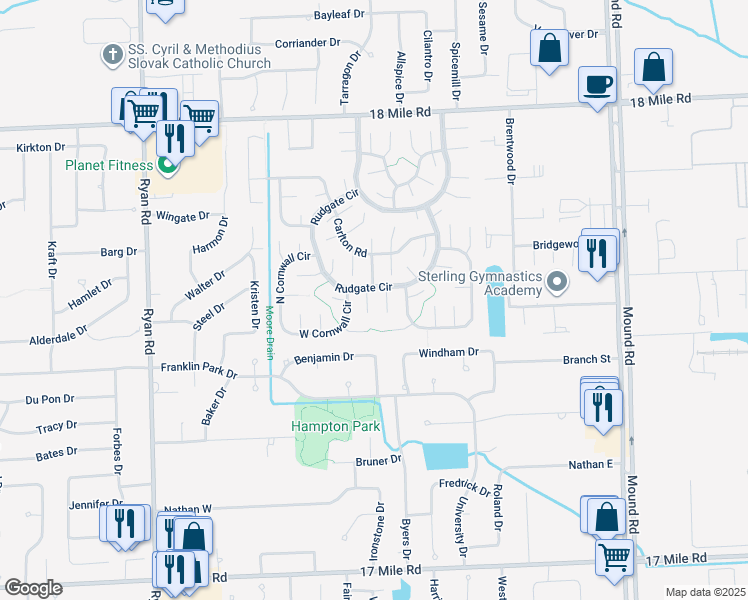 map of restaurants, bars, coffee shops, grocery stores, and more near 5028 Forburg Court in Sterling Heights