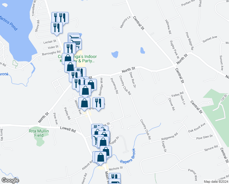 map of restaurants, bars, coffee shops, grocery stores, and more near 9 Pomeroy Road in North Reading