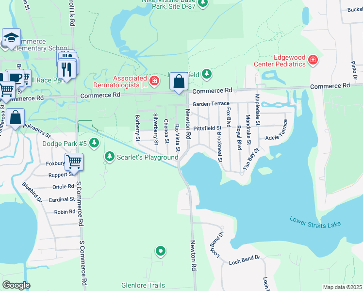 map of restaurants, bars, coffee shops, grocery stores, and more near 3267 Rio Vista Street in Commerce Charter Township