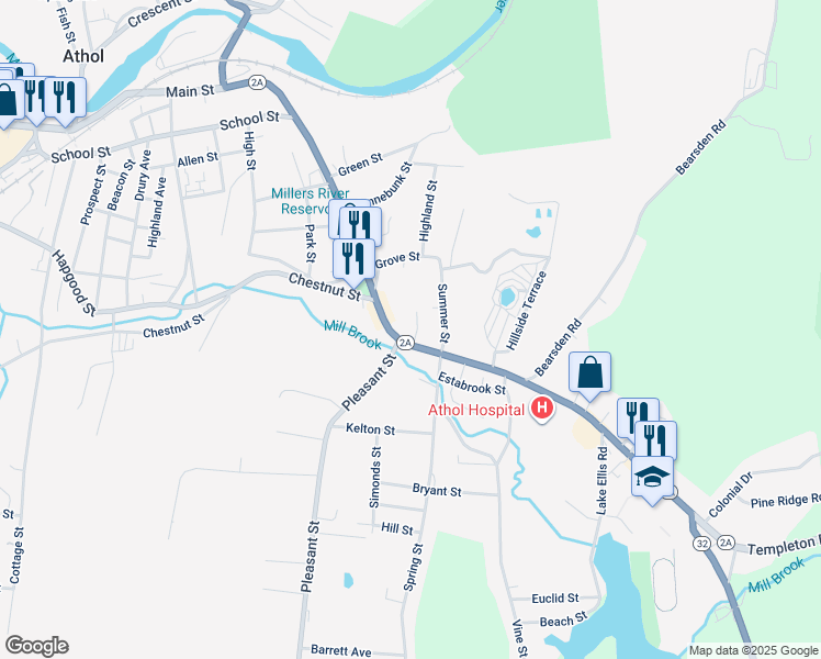 map of restaurants, bars, coffee shops, grocery stores, and more near 211 Main Street in Athol
