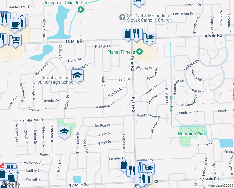 map of restaurants, bars, coffee shops, grocery stores, and more near 3708 Hamlet Drive in Sterling Heights