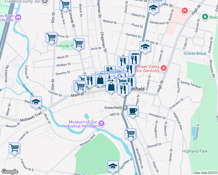 map of restaurants, bars, coffee shops, grocery stores, and more near 188 Main Street in Greenfield