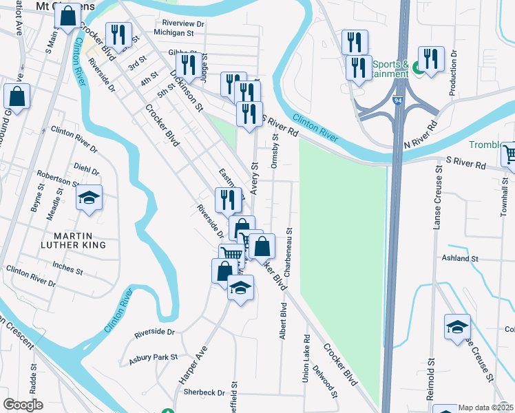 map of restaurants, bars, coffee shops, grocery stores, and more near 163 Avery Street in Clinton Township
