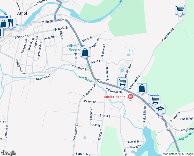map of restaurants, bars, coffee shops, grocery stores, and more near 211 Main Street in Athol