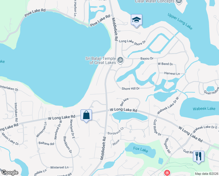 map of restaurants, bars, coffee shops, grocery stores, and more near 3453 Middlebelt Road in Oakland County