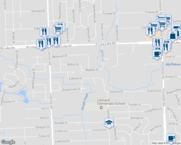 map of restaurants, bars, coffee shops, grocery stores, and more near 410 Beldale Drive in Troy