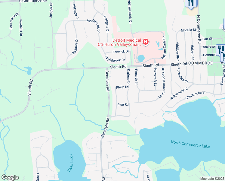 map of restaurants, bars, coffee shops, grocery stores, and more near 4489 Philip Lane in Commerce Charter Township