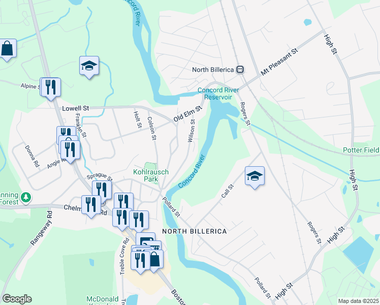 map of restaurants, bars, coffee shops, grocery stores, and more near 13-15 Lights Lane in Billerica