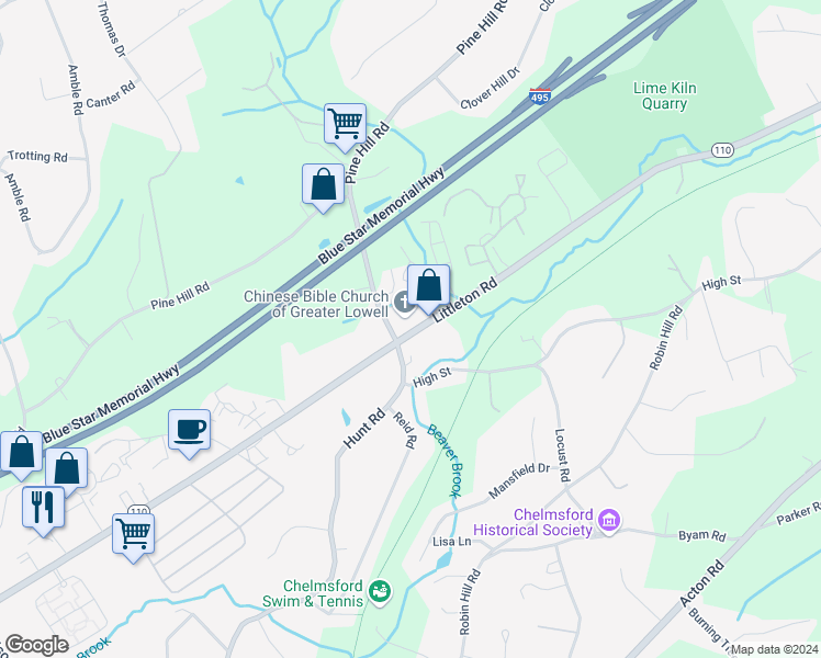 map of restaurants, bars, coffee shops, grocery stores, and more near 215 Littleton Road in Chelmsford