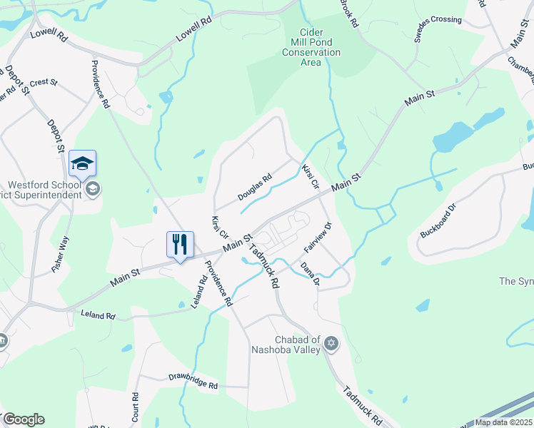 map of restaurants, bars, coffee shops, grocery stores, and more near 130 Main Street in Westford